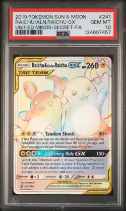 2019 POKEMON SUN & MOON UNIFIED MINDS FULL ART/RAICHU & ALOLAN RAICHU GX PSA 10 - Image 1