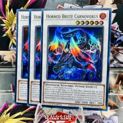 3x Yugioh Playset Horned Brute Carnovorus DOOD-EN098 Super Rare 1st Ed Near Mint - Image 1
