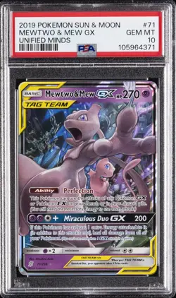 2019 POKEMON SUN & MOON UNIFIED MINDS #71 MEWTWO & MEW GX PSA 10 - Image 1