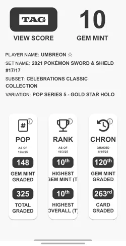 Pokemon Card TAG 10 GEM MT Umbreon Gold Star Celebrations SWSH 2021 17/17 - Image 3
