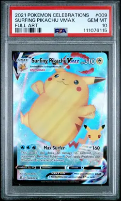 2021 POKEMON CELEBRATIONS #009 FULL ART/SURFING PIKACHU VMAX PSA 10 - Image 1