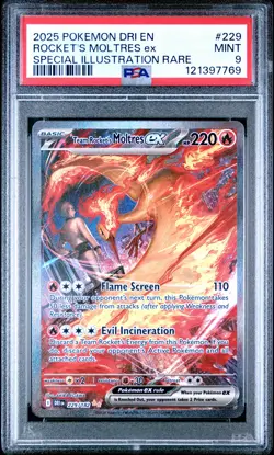 2025 POKEMON DRI EN-DESTINED RIVALS #229 TEAM ROCKET'S MOLTRES EX PSA 9 - Image 1