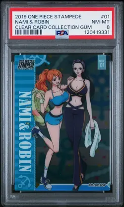 ONE PIECE STAMPEDE NAMI ROBIN CLEAR CARD COLLECTION GUM BOX TOPPER PSA 8 POP 2 - Image 1