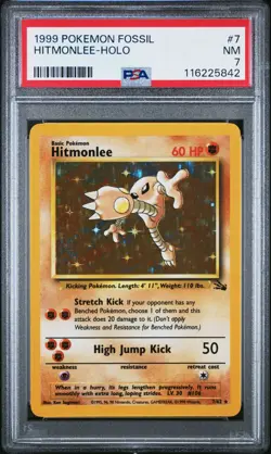 1999 POKEMON FOSSIL #7 HITMONLEE-HOLO PSA 7 - Image 1