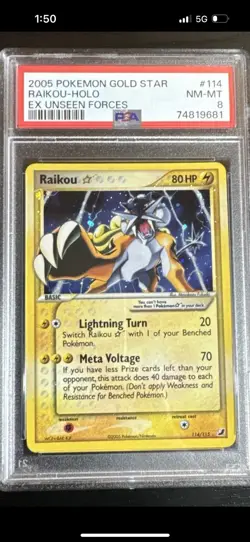Pokemon 2005 EX Unseen Forces Gold Star #114 RaiKou-Holo Card PSA 8 - Image 1