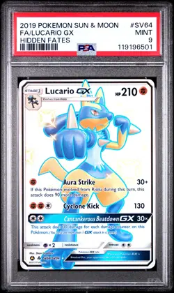 2019 POKEMON SUN & MOON HIDDEN FATES #SV64 FULL ART/LUCARIO GX PSA 9 - Image 1