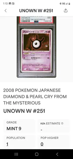 2008 🐱 Pokemon Cry From The Mys Unown W, D&P #251 Jap Pop/1, None Higher PSA-9 - Image 3