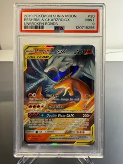 Pokemon TCG PSA 9 MINT Reshiram & Charizard GX 20/214 Unbroken Bonds English - Image 1