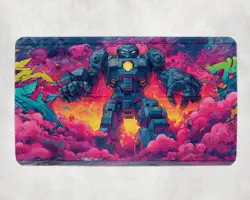 Neon Graffiti Robot MTG Playmat - Glowing Mech Wall Smash TCG Mat - Image 1