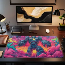Neon Graffiti Robot MTG Playmat - Glowing Mech Wall Smash TCG Mat - Image 2