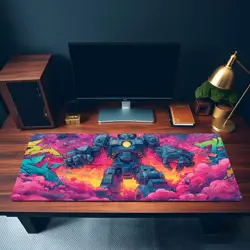 Neon Graffiti Robot MTG Playmat - Glowing Mech Wall Smash TCG Mat - Image 3
