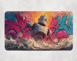 Iron Giant Graffiti MTG Playmat - Retro Mech Wall Smash TCG Mat - Image 1