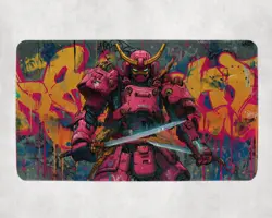 Pink Samurai Mech MTG Playmat - Dual Katana Graffiti Robot Mat - Image 1