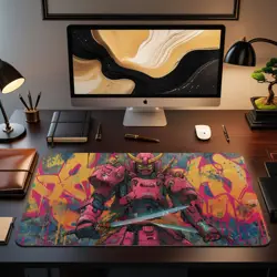 Pink Samurai Mech MTG Playmat - Dual Katana Graffiti Robot Mat - Image 2
