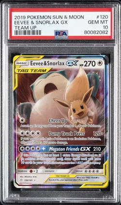 2019 POKEMON SUN & MOON TEAM UP #120 EEVEE & SNORLAX GX PSA 10 - Image 1