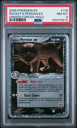 2005 POKEMON EX UNSEEN FORCES #116 ROCKET'S PERSIAN EX-HOLO PSA 8 - Image 1
