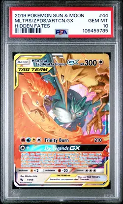 2019 POKEMON SUN & MOON HIDDEN FATES #44 MOLTRES & ZAPDOS & ARTICUNO GX PSA 10 - Image 1