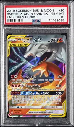 2019 POKEMON SUN & MOON UNBROKEN BONDS #20 RESHIRAM & CHARIZARD GX PSA 10 - Image 1