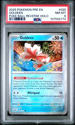 2025 POKEMON PRE EN-PRISMATIC EVOLUTIONS POKE BALL REVERSE HOLO GOLDEEN PSA 8 - Image 1