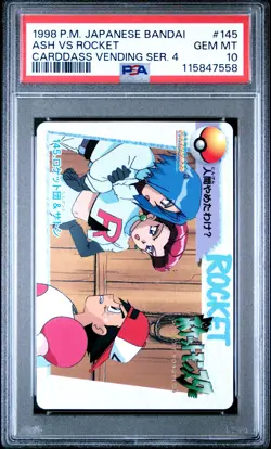 1998 POKEMON JPN BANDAI CARDDASS VENDING SER 4 #145 ASH VS ROCKET PSA 10 - Image 1
