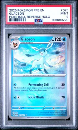 2025 POKEMON PRE EN-PRISMATIC EVOLUTIONS POKE BALL REVERSE HOLO GLACEON PSA 9 - Image 1