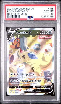 2021 POKEMON SWORD & SHIELD BATTLE STYLES #155 FULL ART/TYRANITAR V PSA 10 - Image 1
