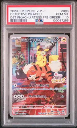 2023 POKEMON JAPANESE SV-P PROMO PRE-ORDER #098 DETECTIVE PIKACHU PSA 10 - Image 1