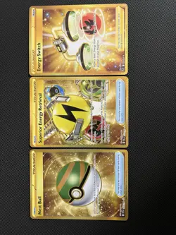 Pokemon TCG Gold Trainer 3 Card Lot Nest Ball, Energy Switch, & Superior Energy - Image 1