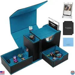 MTG Commander Deck Box & Dice Tower - Holds 100 Double Sleeved Cards, Black/Cyan - Image 1