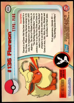 2000 Topps Pokemon TV Animation Edition Series 3 Holo Foil #136 Flareon - Image 2