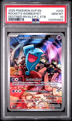 2025 POKEMON DESTINED RIVALS POKEMON CENTER ETB TEAM ROCKET'S WOBBUFFET PSA 10 - Image 1