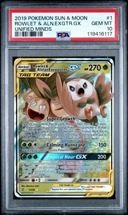 2019 POKEMON SUN & MOON UNIFIED MINDS #1 ROWLET & ALOLAN EXEGGUTOR GX PSA 10 - Image 1