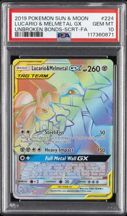 2019 POKEMON SUN & MOON UNBROKEN BONDS FULL ART/LUCARIO & MELMETAL GX PSA 10 - Image 1