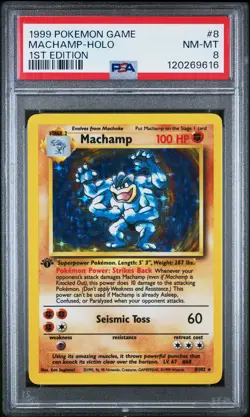 1999 POKEMON GAME 1ST ED #8 MACHAMP-HOLO PSA 8 - Image 1