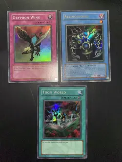 Yugioh Cards Lot Of 3 Holo 1996 Kazuki MP Toon World ,Gryphon Wing, Relinquished - Image 1