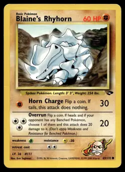 Blaine's Rhyhorn 65/132 Pokemon Card Gym Challenge Common 60 HP LP G7 - Image 1