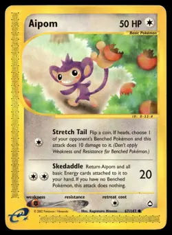 Aipom 67/147 Pokemon Card Aquapolis Common 50 HP Lightly Played MY - Image 1