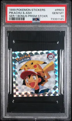 1999 POKEMON STICKERS SER 1 BONUS PRISM STICKERS #PR03 PIKACHU & ASH PSA 10 - Image 1