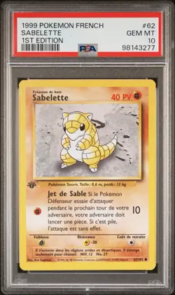 1999 Pokemon FRENCH 1st Edition Base Set Sabelette-Sandshrew 62/102 PSA 10 GEM - Image 1