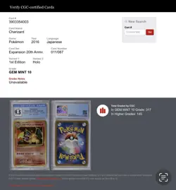 2016 Charizard CGC GEM MINT 10 20th Anniversary 1st Edition Pokemon Card - Image 3