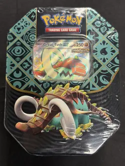 Pokemon TCG Paldean Fates Tin - Shiny Great Tusk ex (5 Packs) - Sealed - Image 1