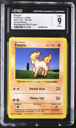 1999 Pokemon Base Set Shadowless Ponyta 60/102 Print Error CGC 9 Mint - Image 1