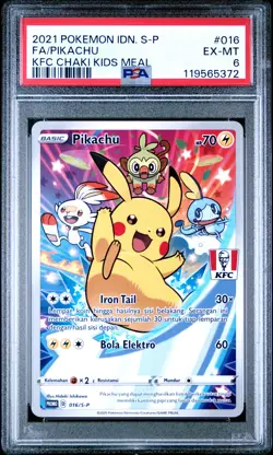 2021 POKEMON INDONESIAN S PROMO KFC CHAKI KIDS MEAL #016 FULL ART/PIKACHU PSA 6 - Image 1