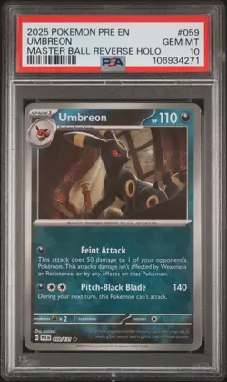 2025 POKEMON PRE EN-PRISMATIC EVOLUTIONS MASTER BALL REVERSE HOLO UMBREON PSA 10 - Image 1