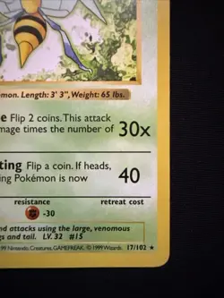 Beedrill - Shadowless - Base Set - 17/102 - Rare - Pokemon - LP - Image 3