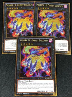 YUGIOH NUMBER 14 GREEDY SARAMEYA PGL2-EN017 1ST GOLD X3 (NM) - Image 1