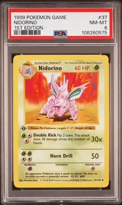 1st Edition Shadowless Nidorino 37/102 Base Set Pokemon Card PSA 8 - Image 1