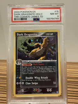 2004 POKEMON EX TEAM ROCKET RETURNS #15 DARK DRAGONITE COSMO HOLO PSA 8 SWIRL! - Image 1