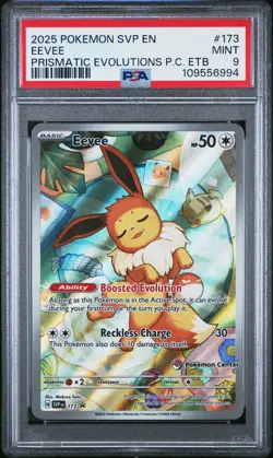 2025 POKEMON PRISMATIC EVOLUTIONS POKEMON CENTER ETB SVP PROMO #173 EEVEE PSA 9 - Image 1