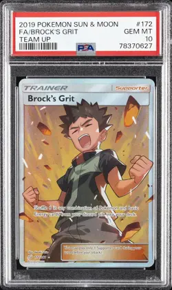 2019 POKEMON SUN & MOON TEAM UP #172 FULL ART/BROCK'S GRIT PSA 10 - Image 1
